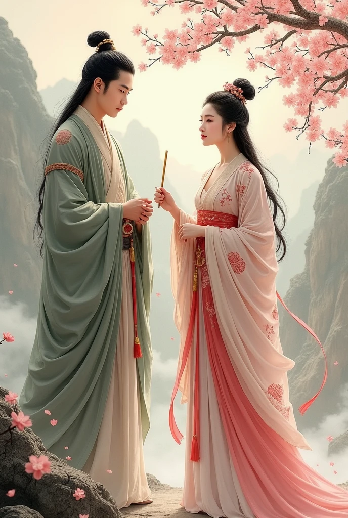 A young Chinese bodyguard stands beside a Chinese woman in a traditional Chinese painting style, holding a red divination stick and chopsticks.
