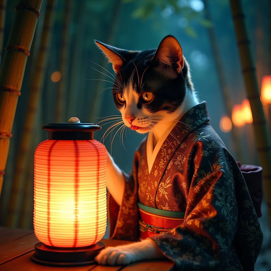 Traditional bamboo forest、Japanese Yokai、Cat、擬人化されたメスの三毛Cat、Wear a traditional kimono from Japan、Sticking out tongue、Night after night, Licking the oil of a lantern、detailed fur texture、Expressing the texture of a kimono in detail、Very detailed、Mysterious、Shine、mysterious、Silence、darkness、Fantasy、Ukiyo-e style、, intricate details, masterpiece, (best quality,4K,8k,highres,masterpiece:1.2),ultra-detailed,(realistic,photorealistic,photo-realistic:1.37),vibrant colors,cinematic lighting,dramatic atmosphere,