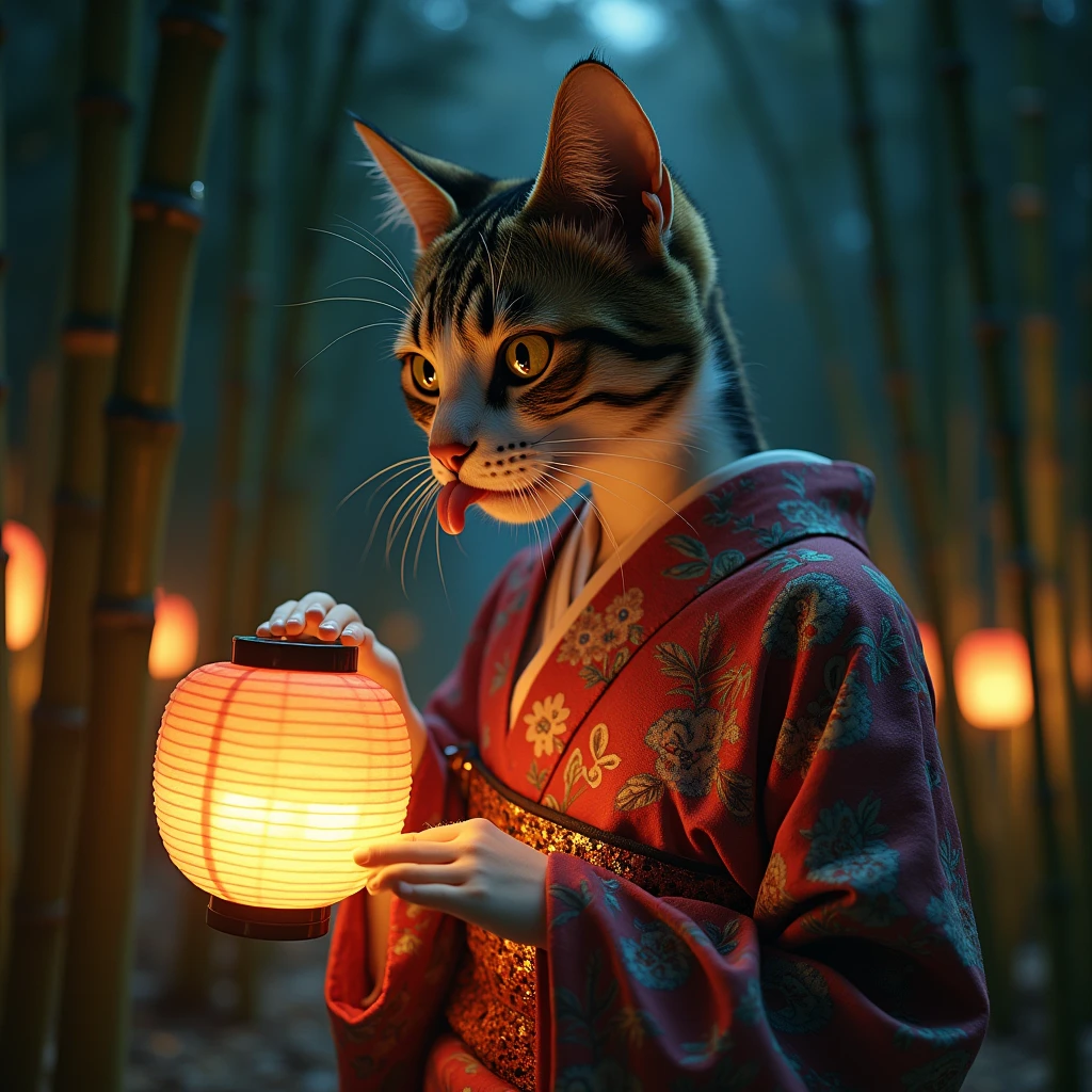 Traditional bamboo forest、Japanese Yokai、Cat、擬人化されたメスの三毛Cat、Wear a traditional kimono from Japan、Sticking out tongue、Night after night, Licking the oil of a lantern、detailed fur texture、Expressing the texture of a kimono in detail、Very detailed、Mysterious、Shine、mysterious、Silence、darkness、Fantasy、Ukiyo-e style、, intricate details, masterpiece, (best quality,4K,8k,highres,masterpiece:1.2),ultra-detailed,(realistic,photorealistic,photo-realistic:1.37),vibrant colors,cinematic lighting,dramatic atmosphere,