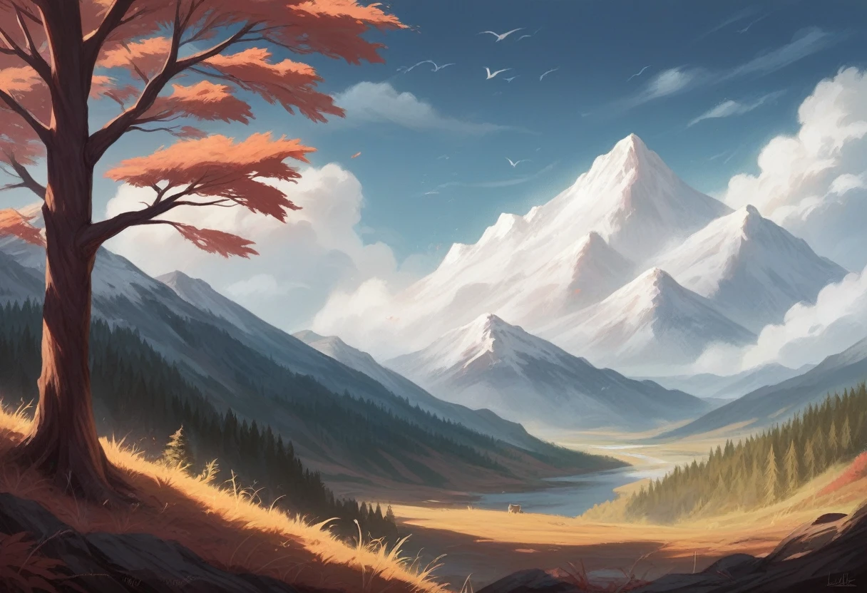 A detailed, photorealistic forest landscape with tall, old-growth trees, a meandering stream, mossy rocks, and distant snow-capped mountains in the background, dramatic cloudy sky with shafts of light, highly detailed foliage and textures, realistic depth of field, cinematic lighting