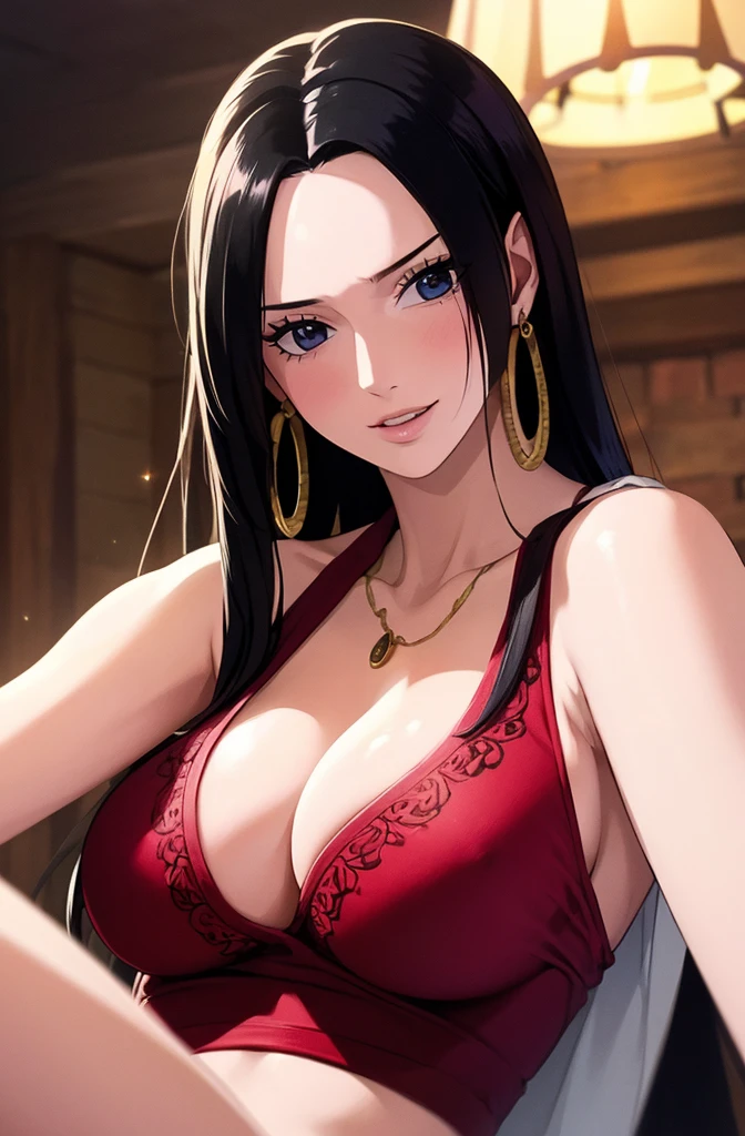 best quality, Masterpiece, Highly detailed,1 girl, ((rose)), (vine), cage, bandage, Red Rope, (detailed lighting), Boa Hancock, (no:1.5), (Masterpiece:1.5), Detailed photos, smile, sexy, (8K, realistic, best quality: 1.4), (1 girl), beautiful Face, (realistic anime face), (black hair, long hair: 1.3), beautiful Hairstyle, realistic eyes, ดวงตาที่มีรายละเอียดbeautifulงาม, (white skin), ผิวbeautiful, nonsense, charming, Ultra high resolution, ultra realistic, high definition, golden ratio, (sexual arousal:1.5), Pinkish white skin, cool white light, ท่าsexy, beautiful , Earrings, Looking at viewer,
