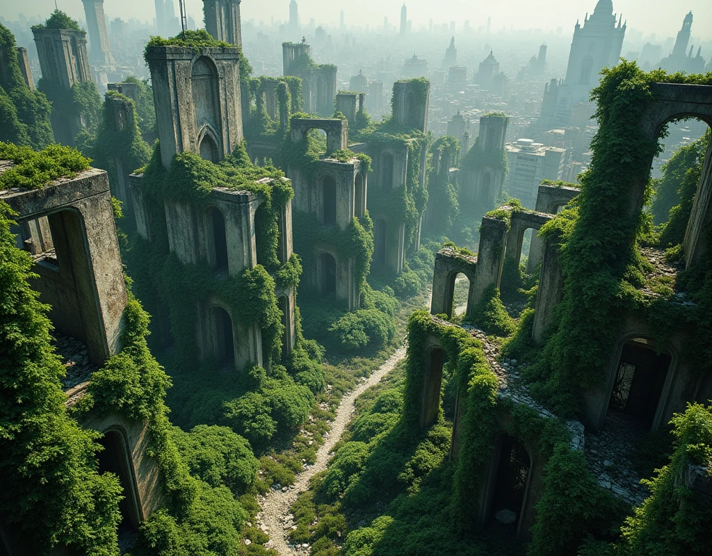 masterpiece, Highest quality,scenery、Vision、Overlooking、From above、 (plantの侵略):1.2、Trees、Vine、plant、leaf、Ruins of the city、Cracking、Corruption、Destroyed、Collapsed、