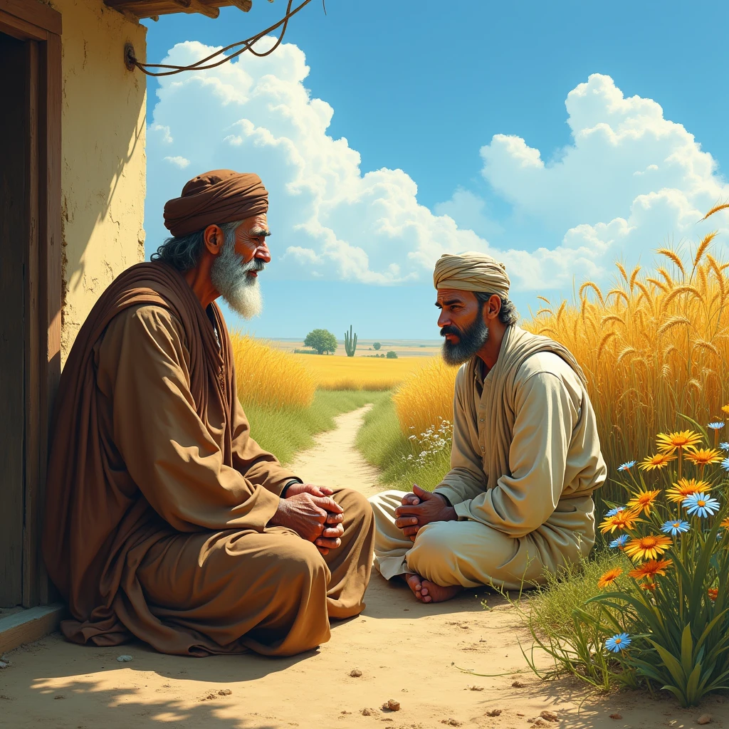 The farmer sitting in front of Imam Sahib, his face filled with worry.
Imam Sahib is listening to him with deep attention.