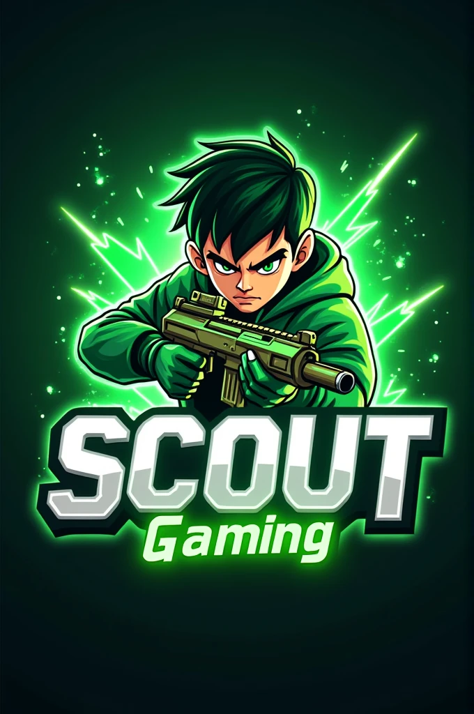 4TH PROMPT :- Design a dynamic 3D gaming logo with a bold green character, a fierce boy holding a glowing weapon in place of a monster leopard. Position “SCOUT” boldly in white at the center, radiating intensity, and add “Gaming” below for a luminous touch.