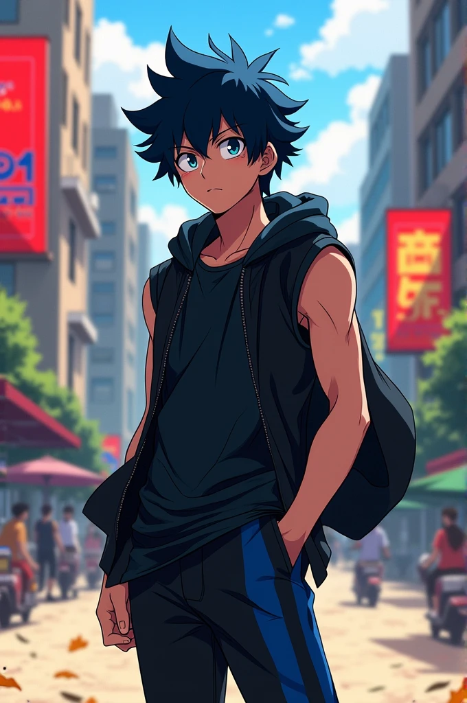 Sixteen year old boy with good physique and messy black hair with a navy blue lock wearing a tight black t-shirt, a sleeveless jacket with a hood, and black pants with blue stripes in My hero academia
