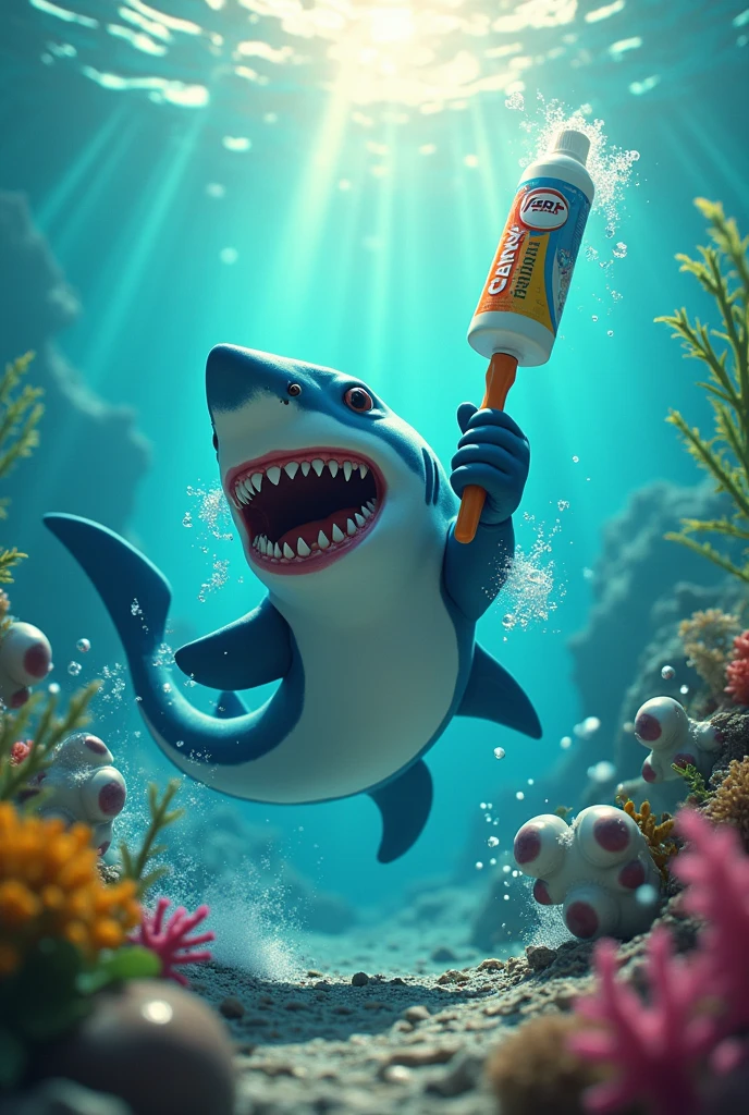 (photorealism:1.2), Sharky whips out a tube of super-strength toothpaste, brushing away the Cavity King's minions with swift, minty strokes soft lighting, plants in background, sunlight rare through the waters, realistic, intricate details, warm colors