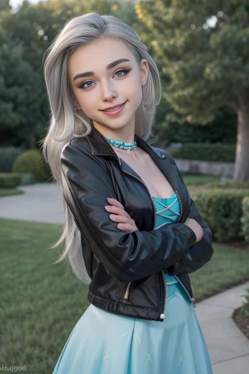 (masterpiece, The best quality:1.2), Alone, 1 girl , beautiful teenager europea , hermosa Teenage model ,Caucasian , mlp , Trixie Lulamoon , Nice smile , make up  , looking at the viewer, small black jacket  , mlp , 17 years , beautiful teenager , Teenage model , turquoise eyes , inside, to become night , park , garden ,Full body photo  , happy , Nice smile , USA outfit elegant , long silver hair , long silver hair , medium breasts