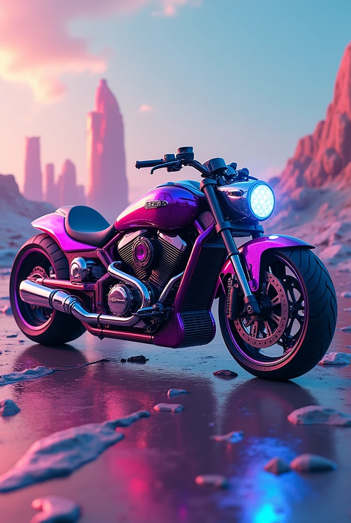 There is a modified riding car,Its three parts are drawn in different styles respectively,And they are connected together,The right side of the car is a pixel style surreal purple neon cyberpunk blue projector style magnetic levitation motorcycle part,The body of the car in the middle is a 3D realistic super clear display style motorcycle part,The car seat on the left side of the car is a bicycle in the style of slightly yellowish old stamps,This is a car assembled from the parts of three different cars,It's like traveling through time,Three styles occupy one third of the picture respectively,The car is driving to the right,The whole picture has no living things,All of them are connected together,Each part is connected together,Proportion 「16:9」