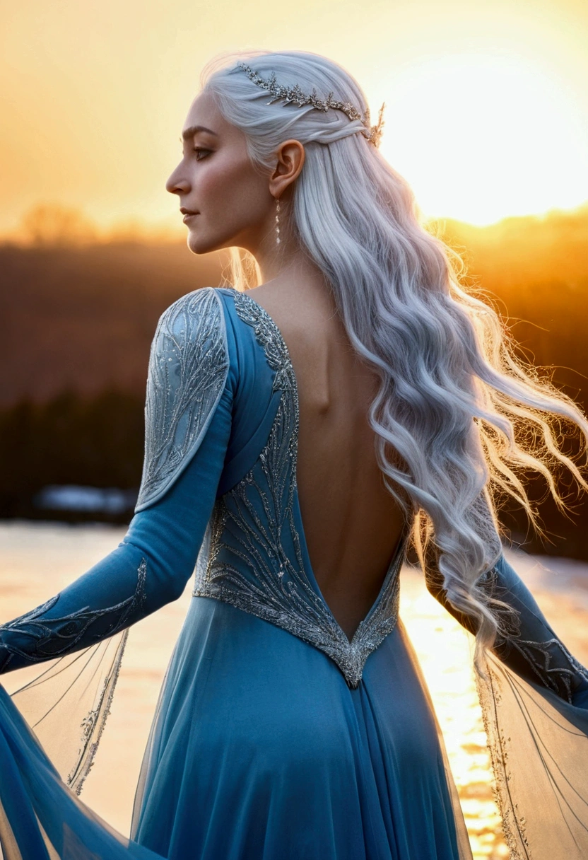 An elven woman with long, sparkly white hair facing the horizon watching the sun begin to rise on a winter morning, wearing a long, icy blue dress, only her back is showing, arms outstretched to the sides