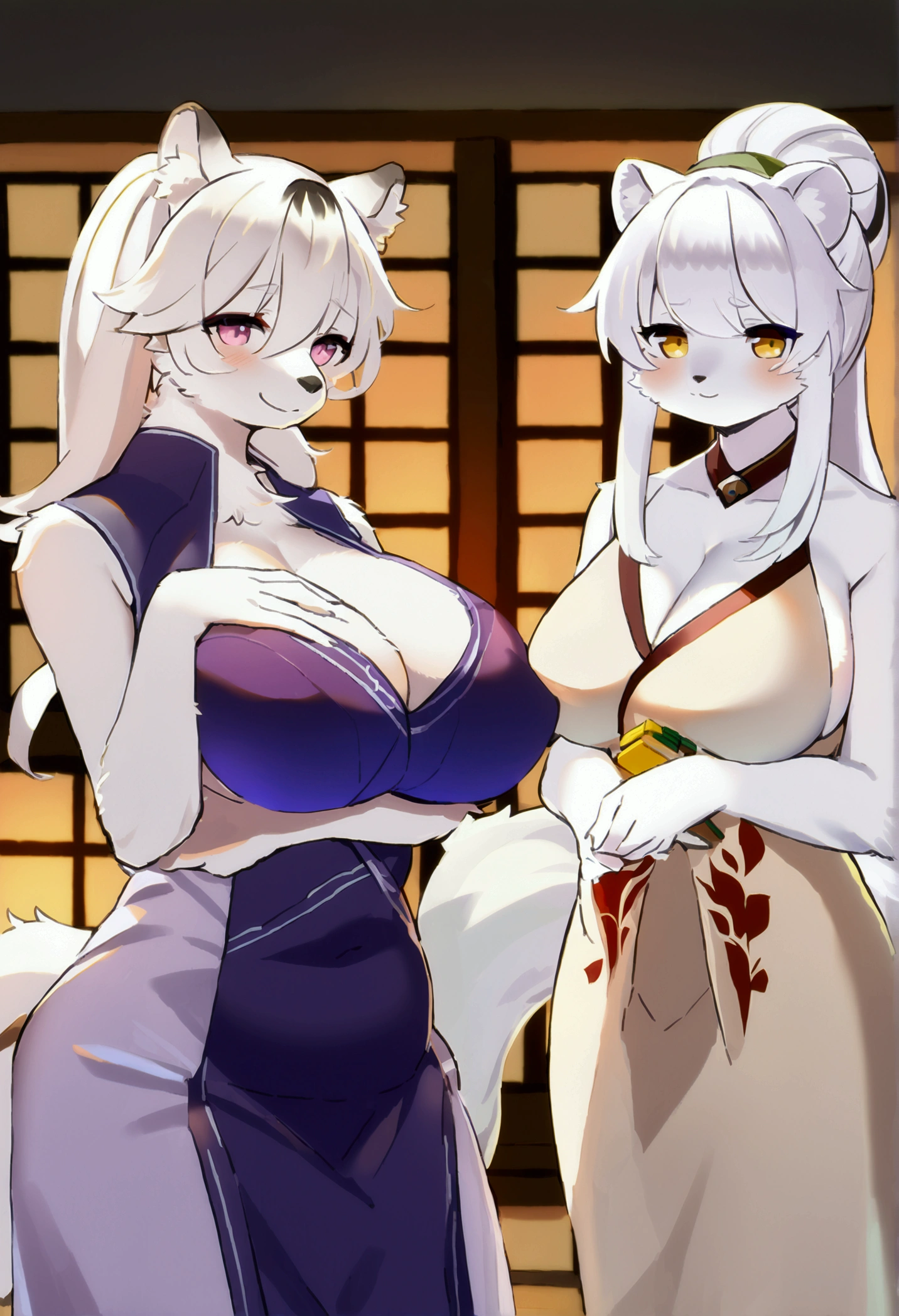 (top quality, best quality, High-quality illustrations, masterpiece, 16k, 1080p, uploaded on e621)(kemono, furry, anthro, alone), round, 2 females, (hot mother figure, very detailed body face and eyes, white tiger, Hannah, (Mahjong Soul: Game), white fur, fluffy, slightly chubby, big breasts, tail, perfect eyes, pink eyes, purple pupils, white long hair, beautiful evening dress), (hot mother figure, very detailed body face and eyes, white ferret, Hanazono Chiyuki, (Sdorica), white fur, fluffy, big breasts, tail, perfect eyes, yellow eyes, white ponytail hair, beautiful japanese dress), beautiful night, body movement, body twitching, shy smile, red blushing,