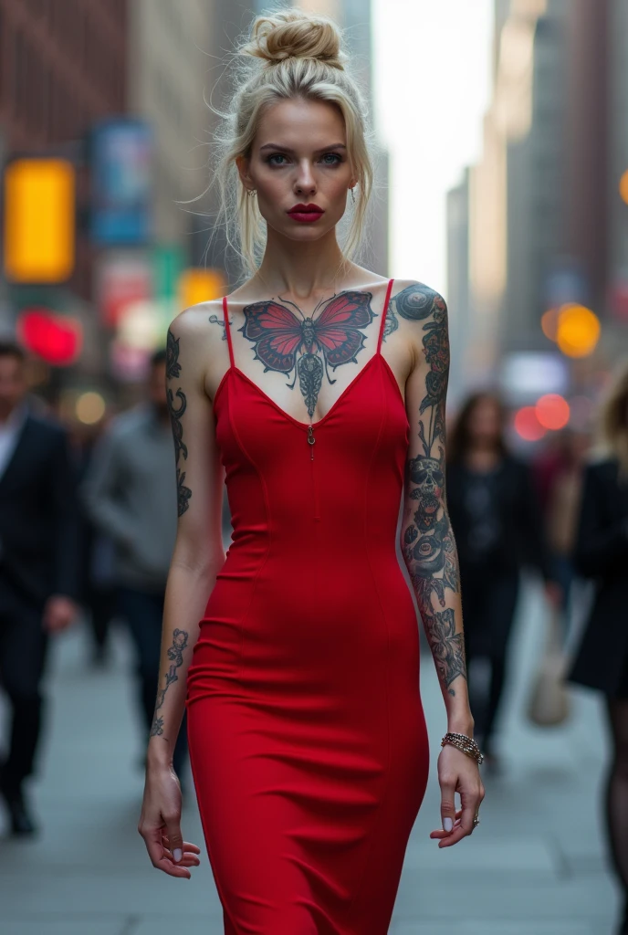 A late 30s woman, ((full length portrait)), various modeling poses, catwalk strut, crowded NYC street, wide shot, UHD, 8k, strong details, BREAK: soft facial features, lopsided smirk, sapphire blue eyes, palest alabaster white skin, (slim and (soft) build:1.25), heavily tattooed in bright vibrant designs, (color tattoo of butterfly-skull on chest), honey blonde hair in a messy bun, (medium-small bust:1.3), (low rooted breasts:1.3), (lower set breasts:1.4), pierced nipples under dress, ((pokie nipples:1.25)), long legs, (strong glutes), ((short torso)), BREAK: ((red:1.4) bodycon dress like a second skin), black strappy heels