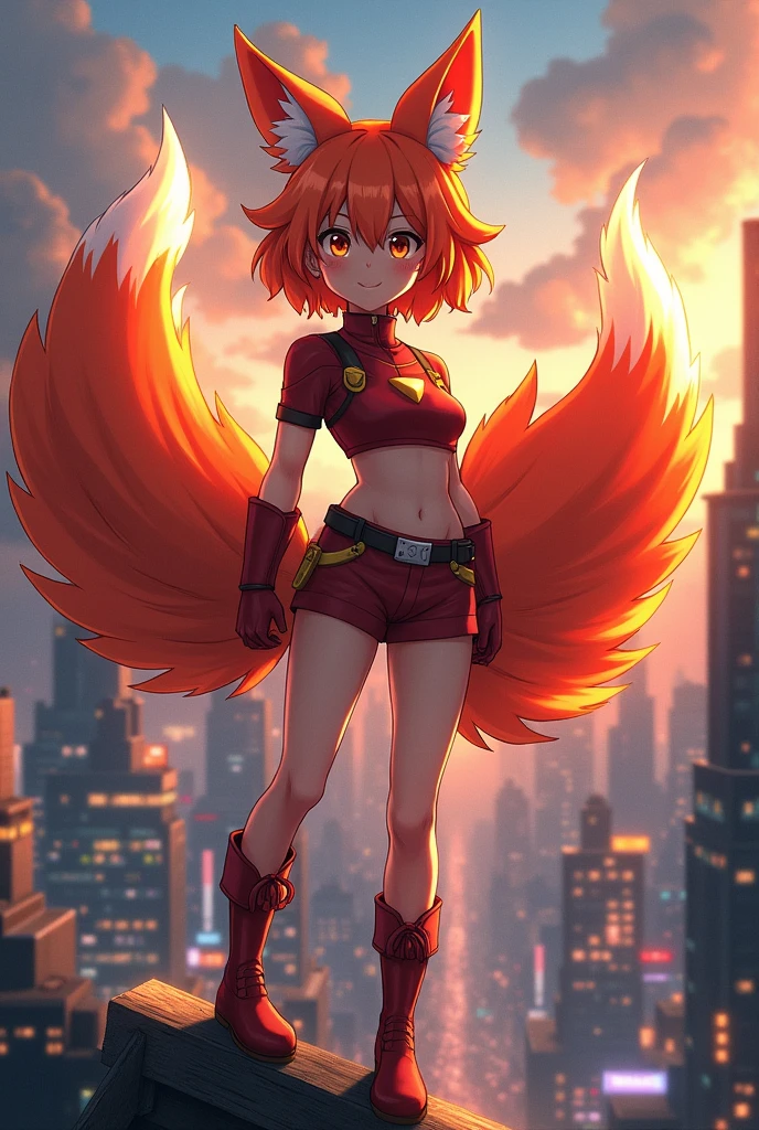 A girl with orange hair and a white strand, with 9 kitsune fox tails, anime style like My Hero Academia, In her short hero costume