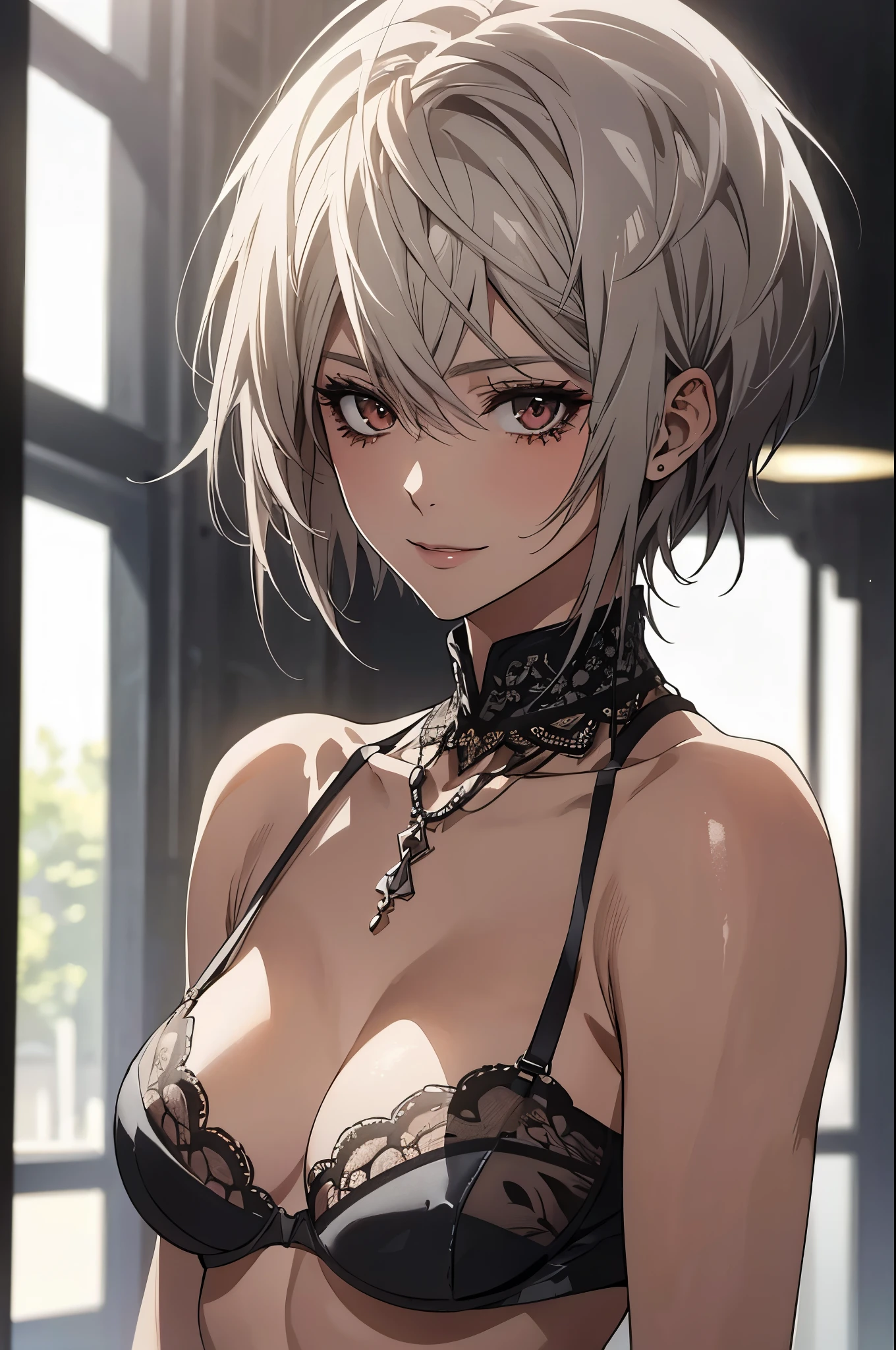 (Highest quality, High resolution, Very detailed), Silver Hair, Super Short Hair, Reddish brown eyes, Lace T-back bra, nude, Large Breasts, Perfect Makeup, necklace, 24th generation, Beautiful woman, mature, quiet, Calm, A small smile, office,