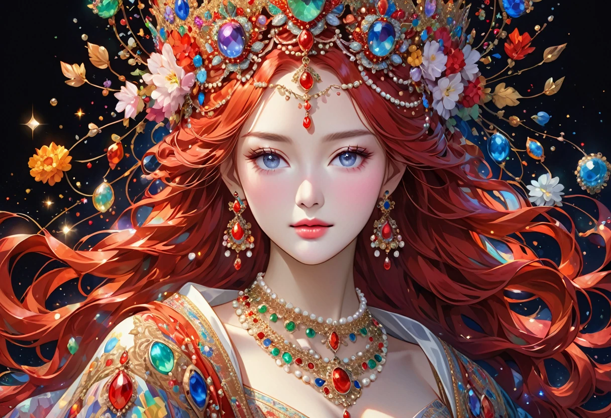 The image shows a person with long, flowing red hair adorned in a crown decorated with various gemstones and intricate designs. The person is also wearing an elaborate necklace with multiple colorful gemstones and possibly pearls, which match the adornments on the crown. The background is dark, accentuating the luminous and detailed jewelry. The overall effect is ethereal and regal.