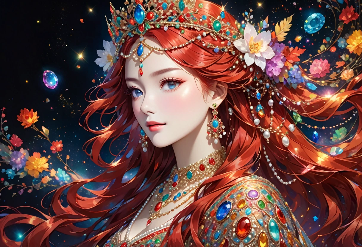 The image shows a person with long, flowing red hair adorned in a crown decorated with various gemstones and intricate designs. The person is also wearing an elaborate necklace with multiple colorful gemstones and possibly pearls, which match the adornments on the crown. The background is dark, accentuating the luminous and detailed jewelry. The overall effect is ethereal and regal.