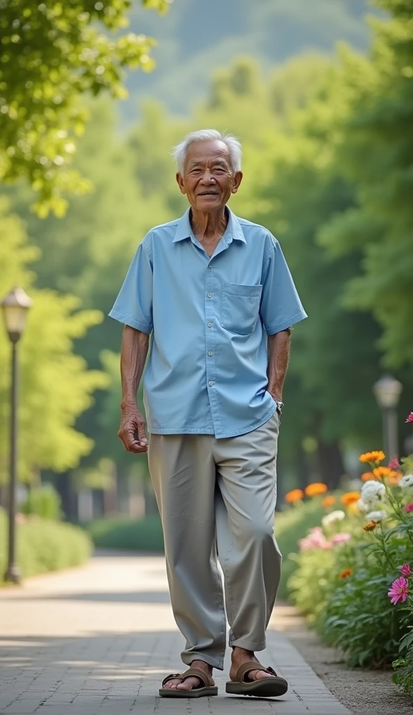 Mr. Tu is an old man over 60 years old., skinny, dark skin, short neat silver hair. He wore a light blue short-sleeved shirt., light gray khaki pants, brown rubber sandals. His face was full of wrinkles but gentle and cheerful.. 4k sharp 3D image
