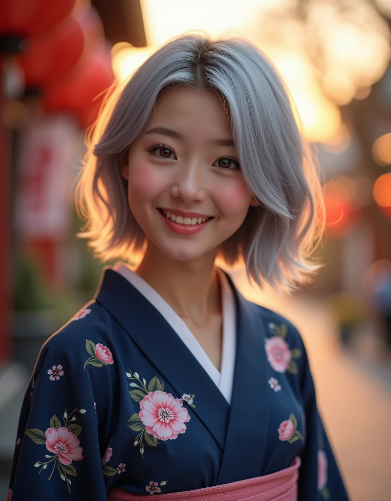 (RAW photo, best quality, masterpiece: 1.2), (photorealistic: 1.4), best lighting, 20 years old, (light gray hair, short cut, hair over one ear, Symmetrical eyes, fair skin, solo, Detailed Skin, Detailed Background:1.2),　((Latin Spanish girl)), Navy yukata with white floral pattern, hair tied back, smiling, light pink obi, selfie, evening,