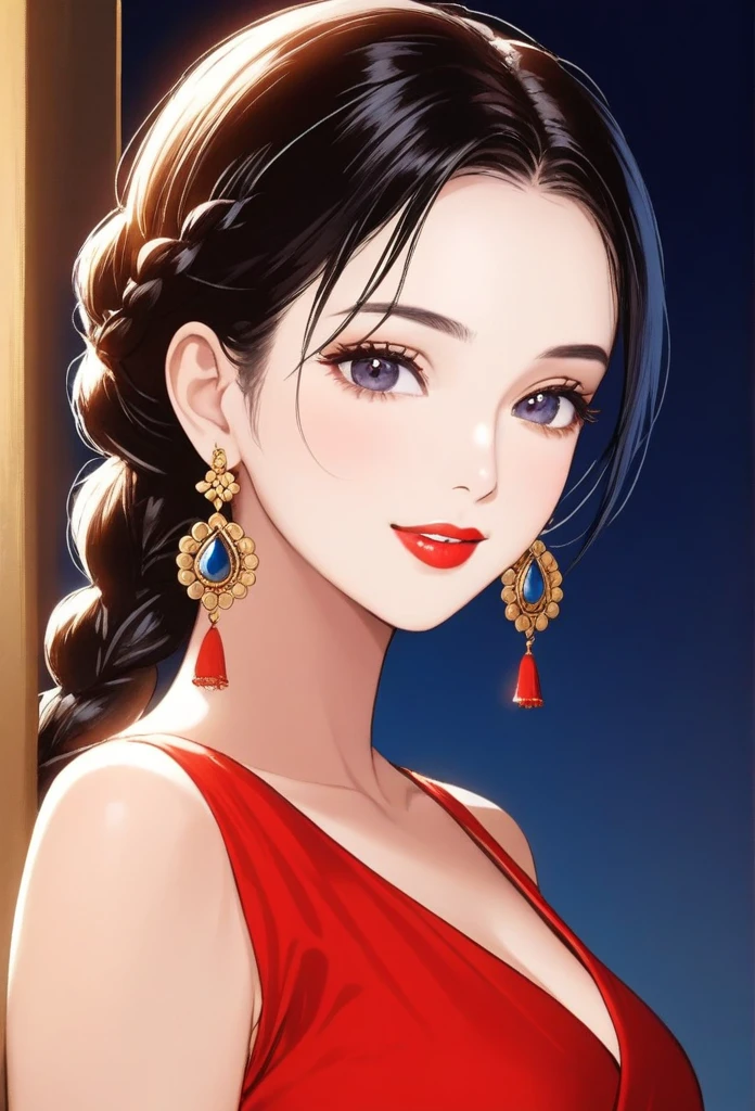 ((1woman, mature,single hair braid,mini frock, big long jhumka earrings , detailed alluring eyes, smooth detailed lips, beautiful face, smiling ,red lipstick ,bangles,blue ribbon,bare legs,