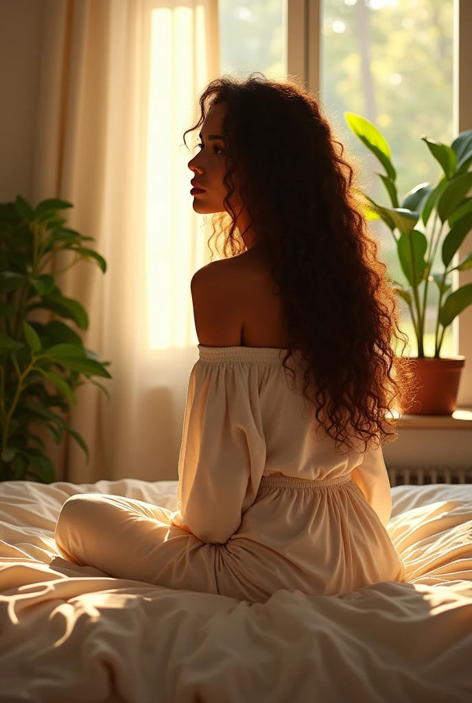 (photorealism:1.2), beautiful woman, sitting on bed, wearing loose off-shoulder top, pajama pants, long curly hair, indoors, soft lighting, plants in background, window with sunlight, cozy room, relaxed pose, realistic, intricate details, warm colors, by Greg Rutkowski, by Alphonse Mucha