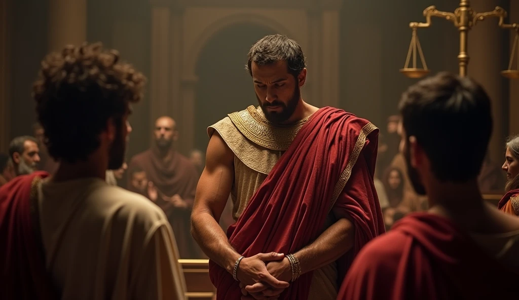 A tense courtroom scene featuring a large, imposing figure of Pontius Pilate in Roman attire, looking conflicted as he stands before a crowd. The background shows a dimly lit Roman courtroom with shadows emphasizing the dramatic atmosphere. The color palette includes deep reds, golds, and dark browns, adding to the somber tone. Include subtle graphics of a gavel and scales of justice. The composition highlights Pilate's facial expression of doubt and fear, evoking feelings of drama and suspense.