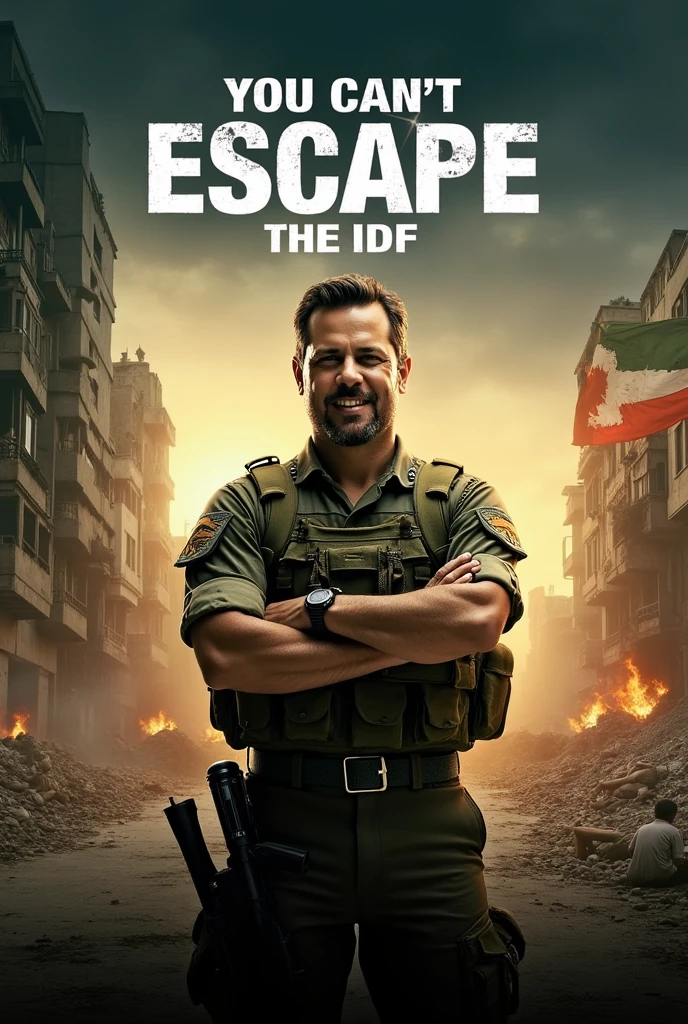 Poster of a film called: You can't escape the IDF
The image shows an Israeli soldier smiling as he executes a Hamas terrorist..