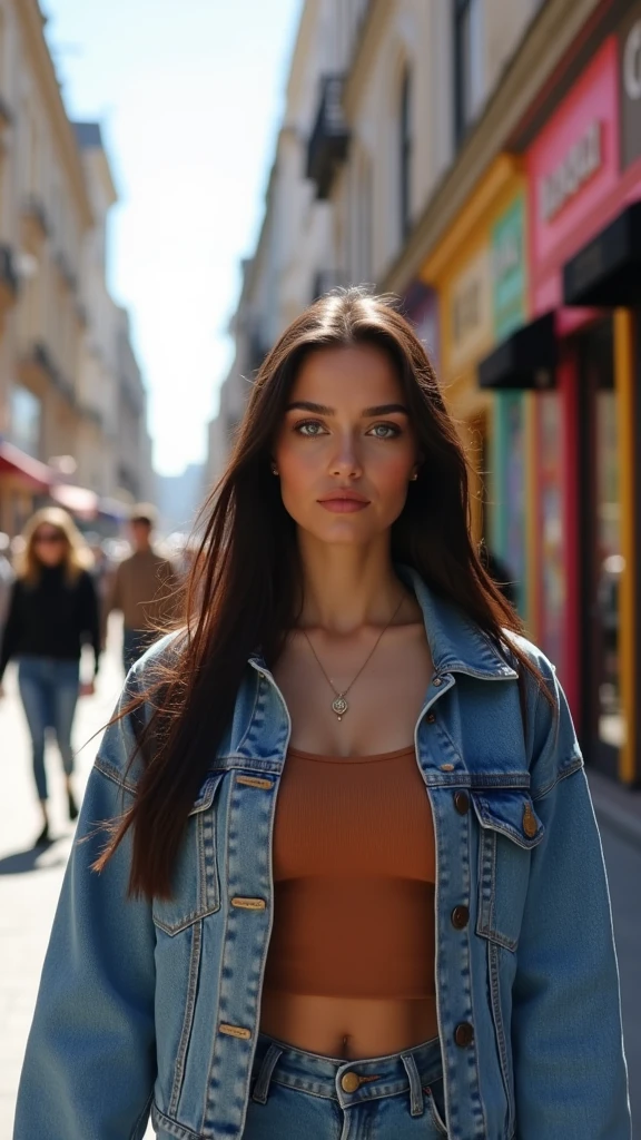 A woman named Mia, Instagram influencer model, 30 years old, blue eyes, waist-length ((long straight dark brown hair)), full voluminous lips, oval face, texture skin, wearing a top with a jean jacket. Walking around the city