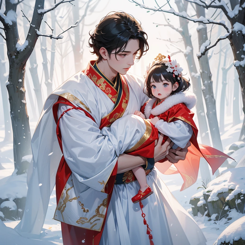 A one-year-old baby boy in an ancient Chinese baby costume with his beautiful mother, wearing an ancient Chinese costume, Walking in a forest covered in white snowstorms. A very strong blizzard The trees were completely covered with white snow, playing with each other. His handsome father is standing next to his mother.