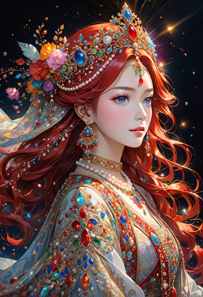 The image shows a person with long, flowing red hair adorned in a crown decorated with various gemstones and intricate designs. The person is also wearing an elaborate necklace with multiple colorful gemstones and possibly pearls, which match the adornments on the crown. The background is dark, accentuating the luminous and detailed jewelry. The overall effect is ethereal and regal.