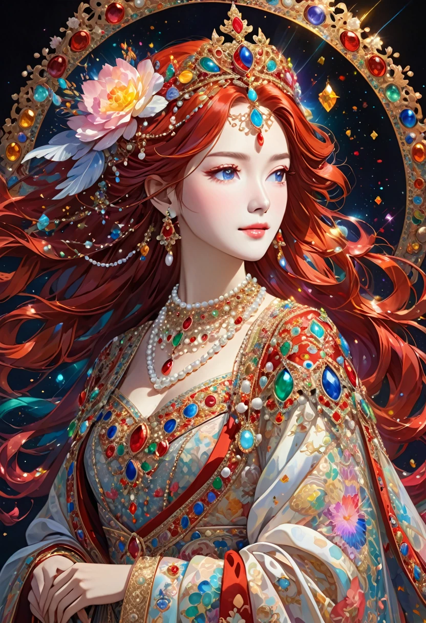 The image shows a person with long, flowing red hair adorned in a crown decorated with various gemstones and intricate designs. The person is also wearing an elaborate necklace with multiple colorful gemstones and possibly pearls, which match the adornments on the crown. The background is dark, accentuating the luminous and detailed jewelry. The overall effect is ethereal and regal.
