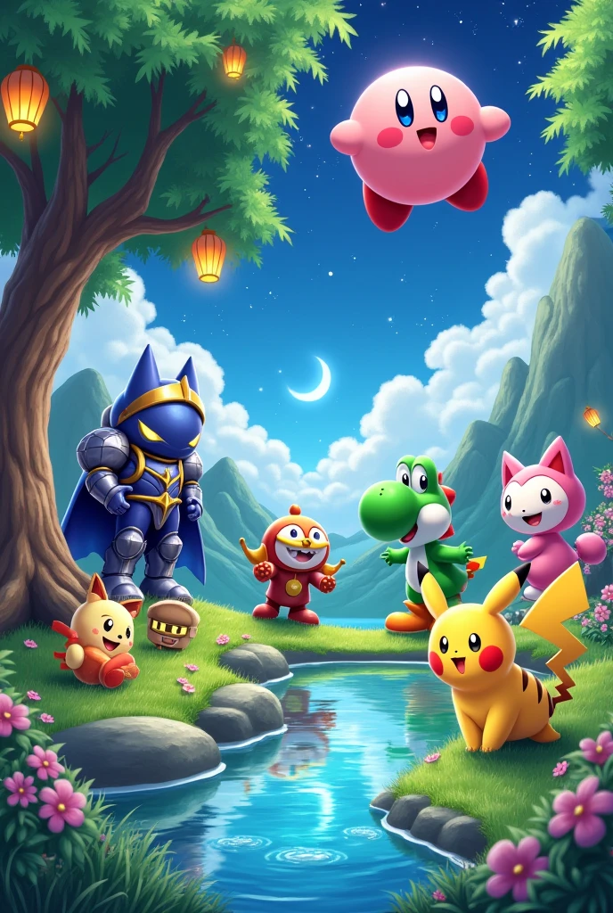 Kirby, Meta Knight, Yoshi, Greninja, Pikachu, and Meowth