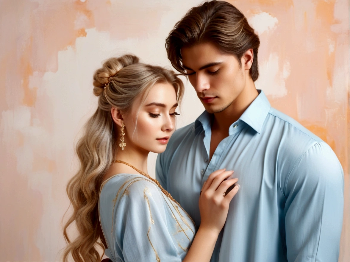 Full-body portrait of a beautiful sweet-faced girl wearing a light blue flowing dress with gold lines and a handsome, fair-skinned young man with long hair tied up on top, wearing a modern white and light blue shirt, wearing small, cute diamond jewelry that reflects light and sparkles, expressing their love for each other, looking into each other's eyes sweetly. The oil painting background is scattered with pastel orange.