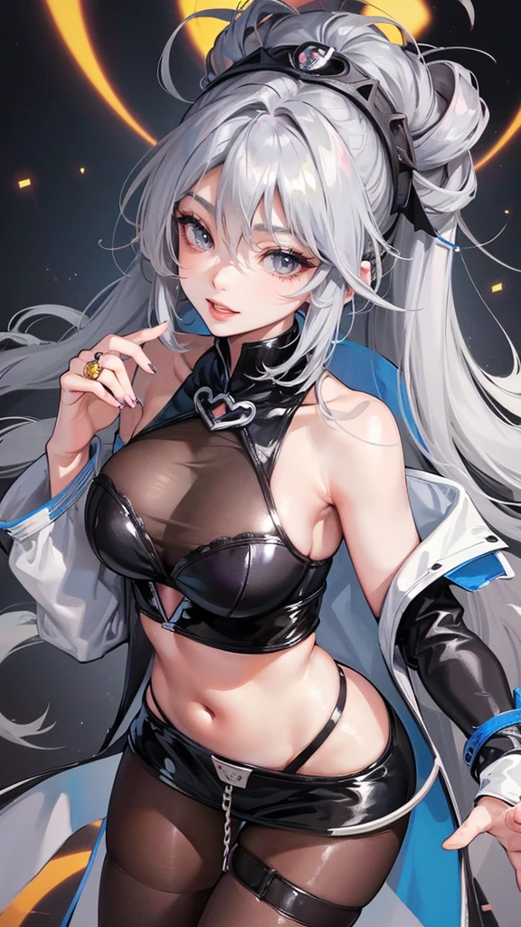 a mature woman, gyaru style, gray hair with the tips of the hair being blue, fair skin, gray eyes, curved body, seductive lips, watching the viewer with a perverted smile