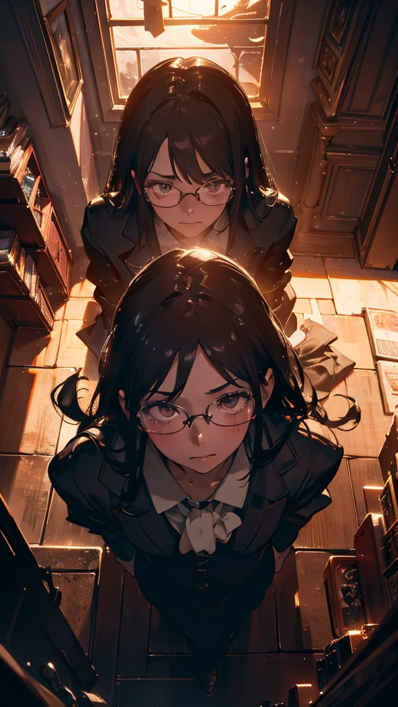 Faithfully reproduces the action of putting on glasses, Magical moments, break (Dynamic shots from above:1.1), break, clear and attractive eyes, look up, Expressions that convey mood, Surrealism, chiaroscuro, cinematic lighting, UHD, high details, best quality, highres, 8k