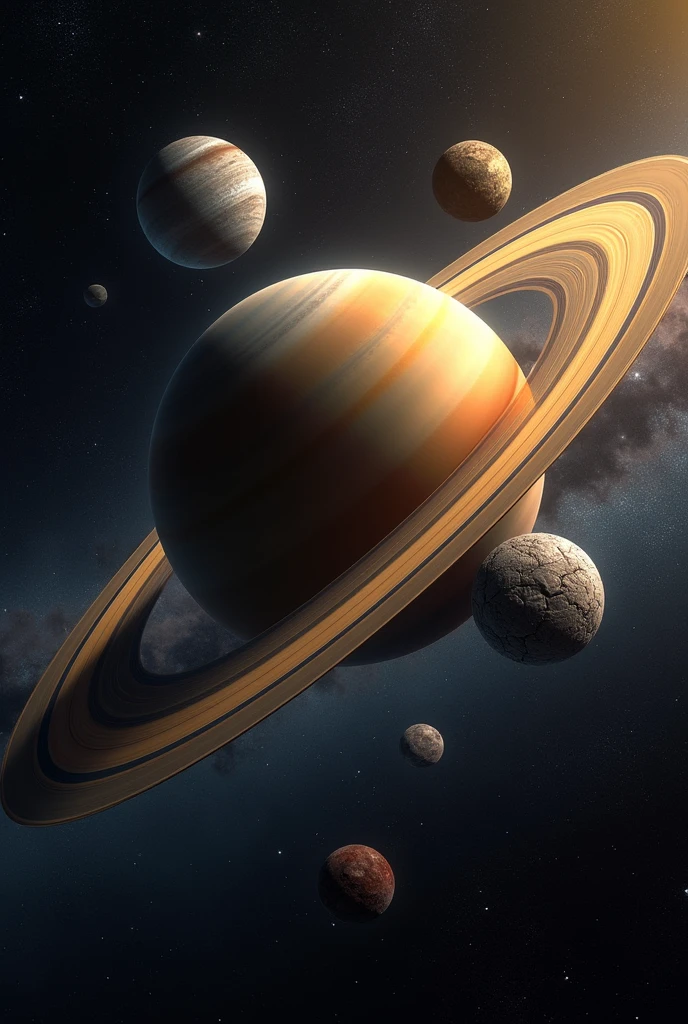 A cosmic scene showing the planet Saturn with its iconic rings. Three moons hover nearby. One is large and hazy with thick clouds, symbolizing Titã. Another is smaller, icy, and cracked, symbolizing Europa. The third is a rocky and volcanic moon, representing Io. The background shows Saturn dominating the scene with other celestial objects in the distance