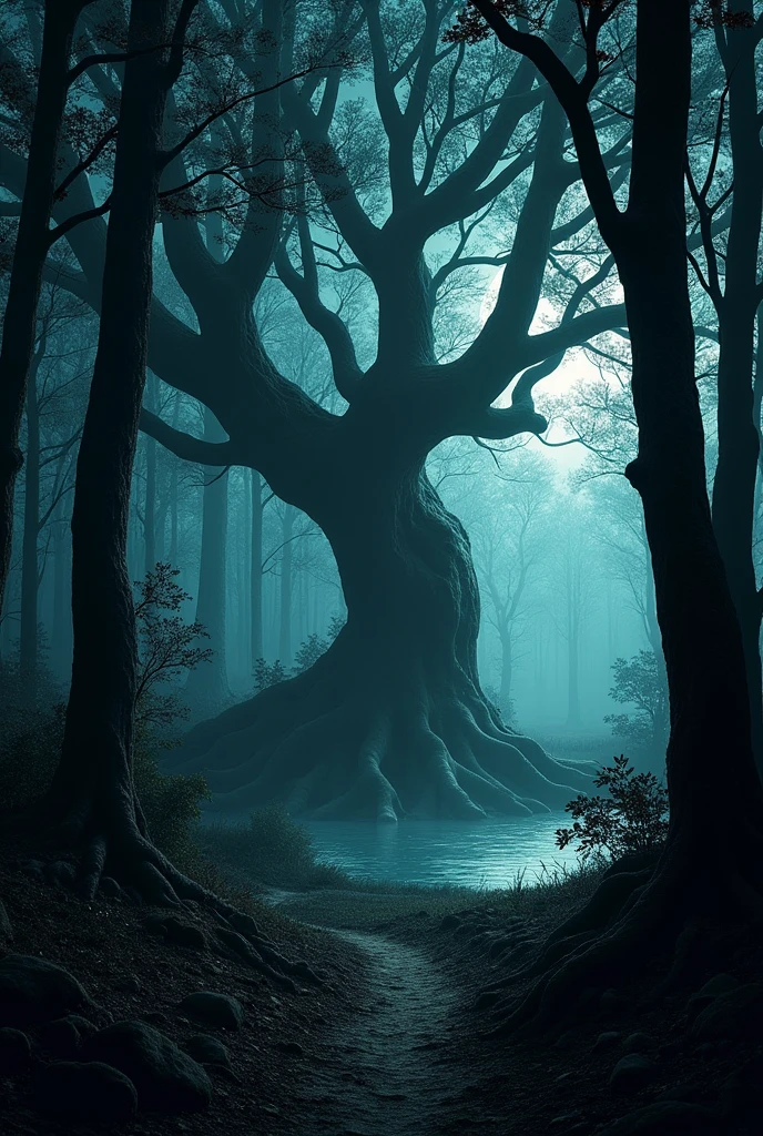 "Create a highly detailed image of a dark, eerie forest designed for a psychological horror RPG. The forest is dense with twisted, gnarled trees that seem to close in from all sides. In the center or towards the back, there's a massive, ancient heart-shaped tree with sprawling roots. A foreboding lake lies nearby, shrouded in mist, with a dirt path leading towards it. The forest also includes a maze-like area with towering trees, predator animals lurking in the shadows, and hidden caves. Wolves roam a specific zone, their eyes glowing ominously in the dark. The atmosphere is thick with tension, with dappled moonlight barely piercing through the thick canopy, creating a sense of isolation and dread. The overall tone of the forest should be both hauntingly beautiful and deeply unsettling, evoking a sense of danger and mystery."