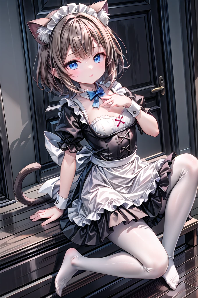 Solo Girl, 20-year-old,Medium Hair, Light brown hair, Mid-chest, highest quality, High resolution, Very detailed, Detailed Background, Perfect lighting、Extreme maid outfit、very cute, Blue eyes, a pair of cat ears, Blush, white silk socks, White pantyhose, Show off your feet, No shoes on, thighvibe