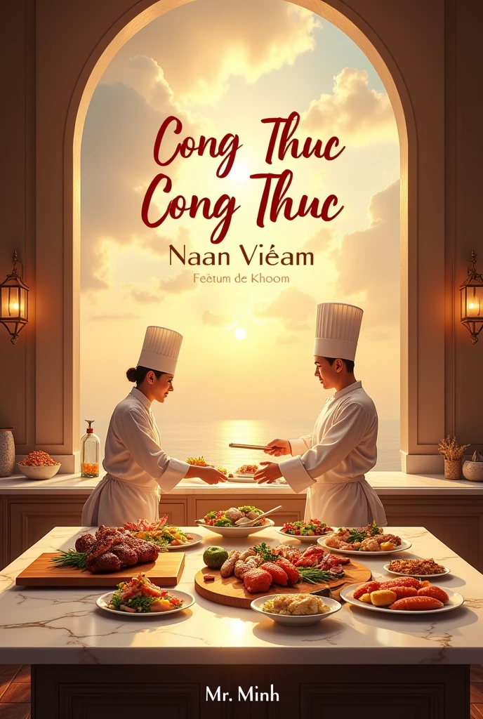 A luxurious and visually stunning cover for the spiritual cookbook "Cong Thuc Nau An Viet Nam" by Mr Minh. Thedesign portrays a divine, well-lit kitchen with a grand marble island and pristine white countertops. Two skilled chefs are diligently preparing a variety of mouthwatering dishes, such as roasted meats, fresh seafood, vibrant salads, and alluring pastries. The beautifully arranged food exudes a tantalizing aroma, while the background showcases a serene and heavenly landscape, seamlessly merging earthly delights with spiritual sustenance. The author's name is prominently displayed at the bottom, and the title is written in an elegant, cursive script, encapsulating the essence of a harmonious and fulfilling life.