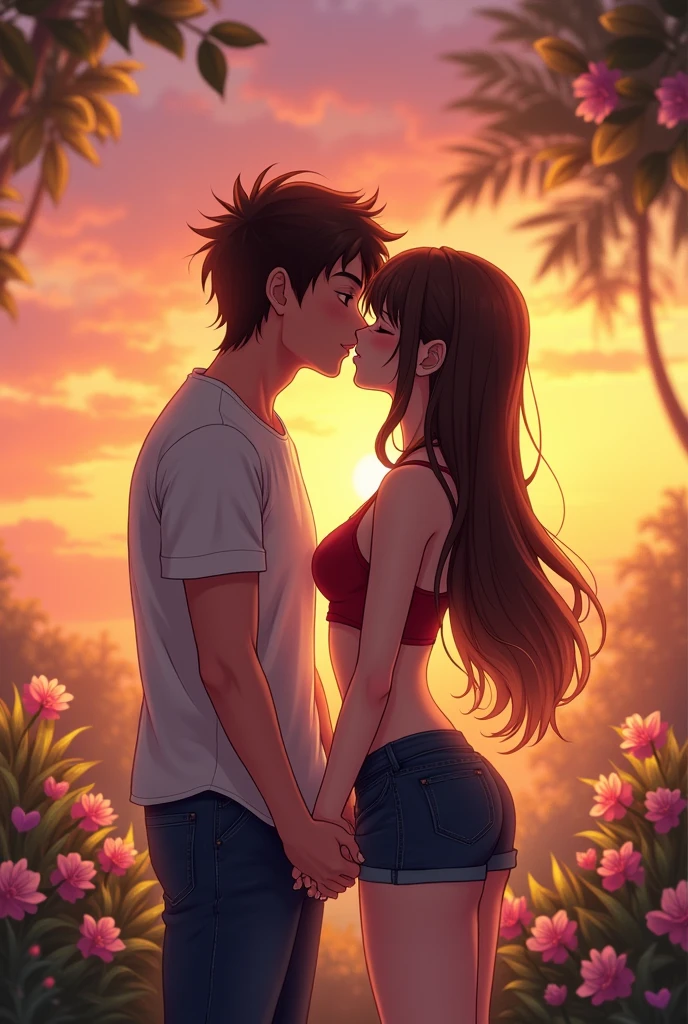 A handsome boy with long, luscious, feminine brown hair embracing a sensual girl in shorts and a crop top, both with long brown hair and anime-style long bangs, standing full-length, passionately kissing.