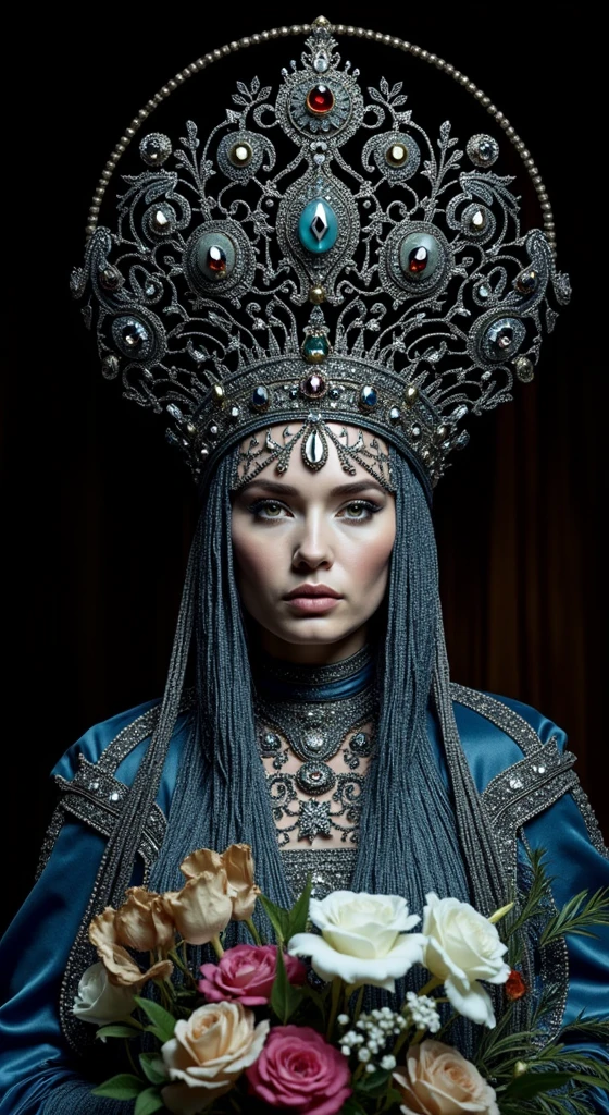 a woman dressed in an elaborate, ornate costume that exudes regality and sophistication. She is wearing a striking headdress that is large and intricately designed, featuring an array of jewels and metallic elements. The headdress is circular, with a design that resembles a crown or a halo, giving her a powerful and almost divine appearance. The jewels on the headdress sparkle, adding a sense of luxury and grandeur.
Her attire is equally detailed, consisting of a dark, possibly black or deep blue gown adorned with elaborate patterns and more jeweled embellishments. The gown has voluminous sleeves and a high neckline, contributing to the overall majestic feel of the outfit. The fabric appears rich and textured, likely made from a luxurious material that shimmers subtly, reflecting the light.
Her expression is serious and composed, with a direct gaze that suggests strength and confidence. The lighting in the image is focused, highlighting the details of her outfit and face while the background is kept dark, which helps to further emphasize her presence and the intricate design of her costume.
This image evokes a sense of royalty, elegance, and power, with a clear influence from historical or fantasy themes, making it suitable for a variety of narratives involving queens, empresses, or powerful female figures