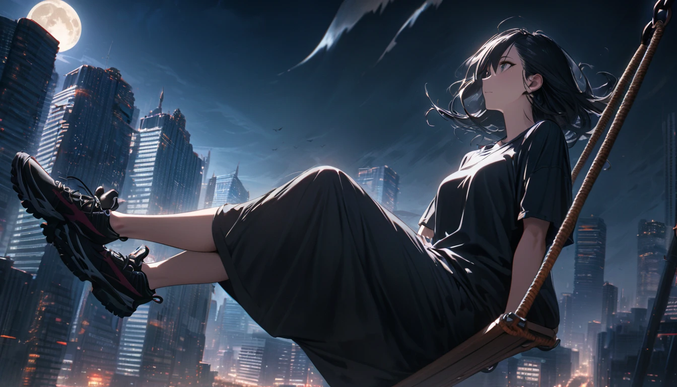 best quality, Ultra-fine, 16K, Ridiculous, Very detailed, Beautiful woman sitting on a swing suspended between two skyscrapers, Stare into the distance, Wearing a long, loose T-shirt, Attractive appearance, Wind, Wind-effect, Moon night scene, (Magnificent views:1.1) , Clock Punk