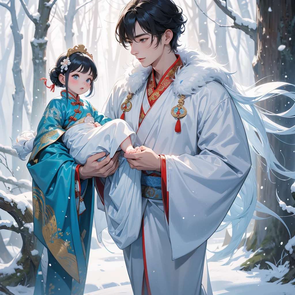 A one-year-old baby boy in blue ancient Chinese baby costume with his beautiful mother, wearing an ancient Chinese costume, Walking in a forest covered in white snowstorms. A very strong blizzard The trees were completely covered with white snow, playing with each other. His handsome father is standing next to his mother.