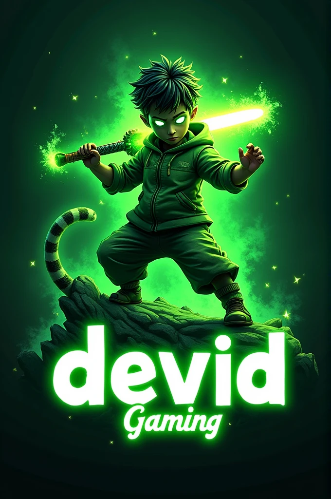 4TH PROMPT :- Design a dynamic 3D gaming logo with a bold green character, a fierce boy holding a glowing weapon in place of a monster leopard. Position “devid” boldly in white at the center, radiating intensity, and add “Gaming” below for a luminous touch.