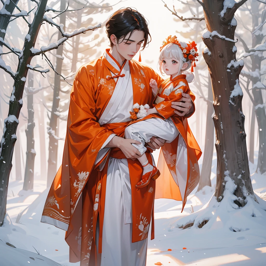A one-year-old baby boy in orange ancient Chinese baby costume with his beautiful mother, wearing an ancient Chinese costume, Walking in a forest covered in white snowstorms. A very strong blizzard The trees were completely covered with white snow, playing with each other. His handsome father is standing next to his mother.