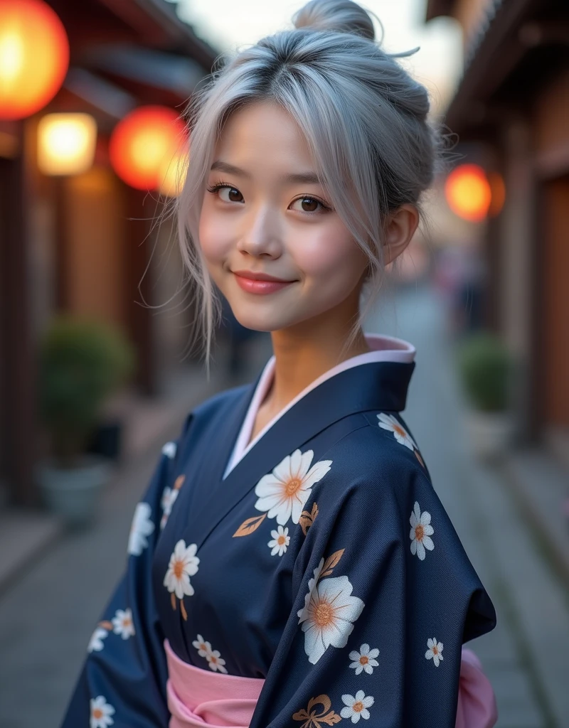 (RAW photo, best quality, masterpiece: 1.2), (photorealistic: 1.4), best lighting, 20 years old, (light gray hair, short cut, hair over one ear, Symmetrical eyes, fair skin, solo, Detailed Skin, Detailed Background:1.2), ((Latin Spanish girl)), Navy yukata with white floral pattern, hair tied back, smiling, light pink obi, selfie, evening,