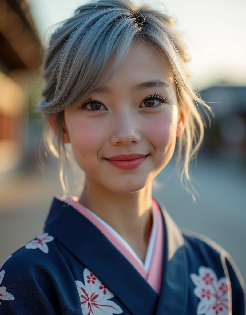 (RAW photo, best quality, masterpiece: 1.2), (photorealistic: 1.4), best lighting, 20 years old, (light gray hair, short cut, hair over one ear, Symmetrical eyes, fair skin, solo, Detailed Skin, Detailed Background:1.2), ((Latin Spanish girl)), Navy yukata with white floral pattern, hair tied back, smiling, light pink obi, selfie, evening,