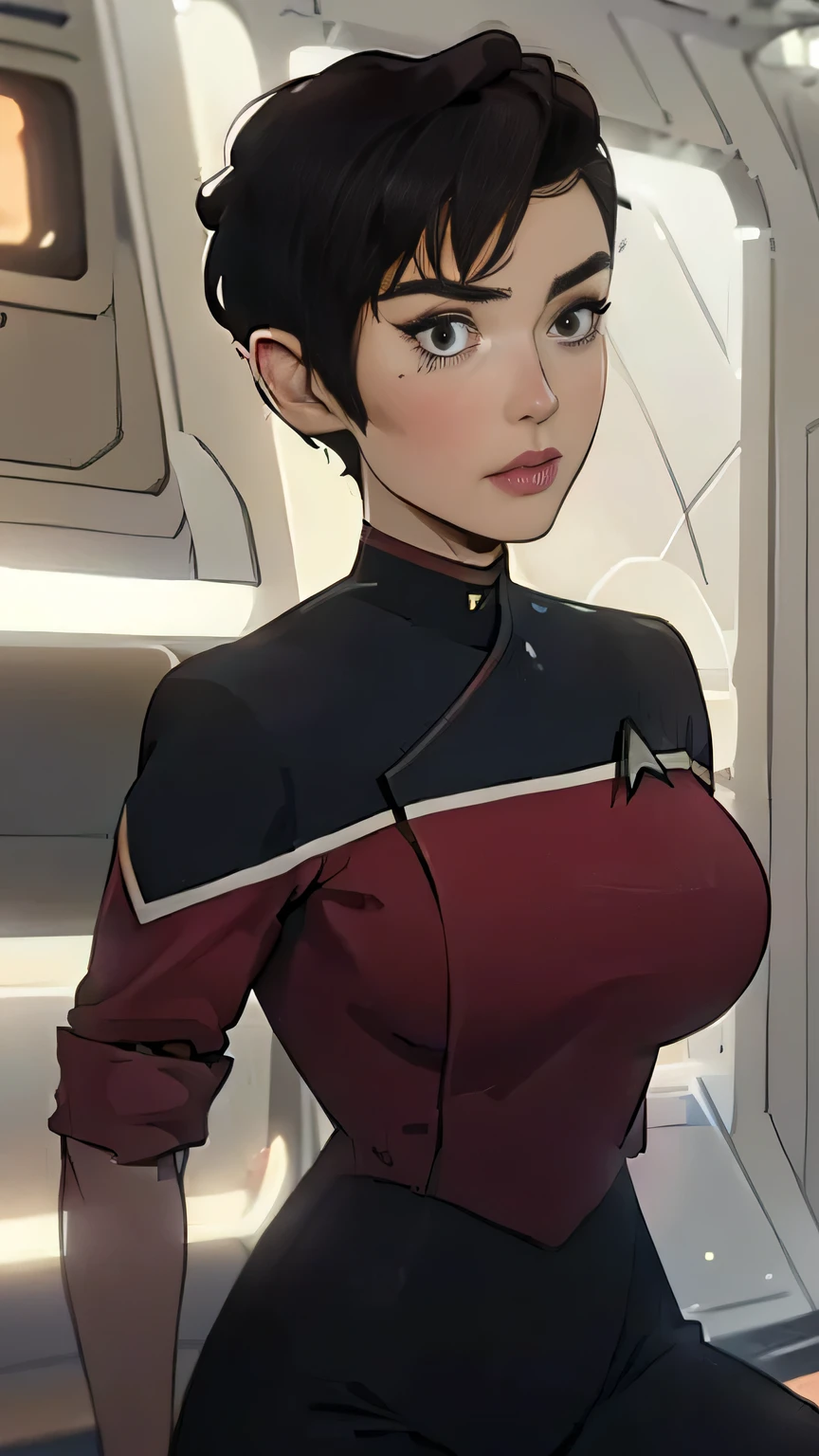 photo of mlp Meowko, RAW, beautiful woman, ((portrait)), ((detailed face:1.2)), ((anime face, anime facial feature, clear skin, glossy anime lips, clear skin), (short lesbian haircut, brunette: 1.55), (perfect proportioned body, Strong, muscular, narrow waist, narrow hips, skinny, large breasts), (she is wearing a red Starfleet uniform, red uniform, Star Trek Lower Decks uniform, Comand uniform, straight slacks:1.25), kneeling on a biobed, splits kneeling, legs open, starship, sickbay, stars, (realistic photo, best quality, detailed), (8k wallpaper), (bright cinematic lighting, lens flares, beautiful light, (noon:1.3)) (sharp focus, intricate)