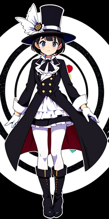 Full body, beautiful eyes , 1 girl  , full body , cute girl , anime style , cute eyes  , (standing up) , (scZinnia, monocle, top hat, black coat, white ascot, black skirt, white gloves, pantyhose, boots) , 