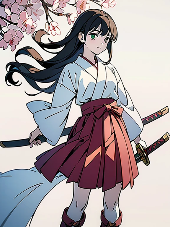 ((((masterpiece, Best Quality, Ultra-high resolution、Best illustrations))))、((Portrait of a person standing against a white background))、anime、A highly concentrated individual、(Very delicate and cute face)、(Sparkling Eyes)、A beautiful 18-year-old shrine maiden girl stands alone、((He is holding a wooden sword))、smile、Red cheeks、Medium length black hair、Clean green eyes、Long red hakama、Knee-high boots、((Perfect hands))、