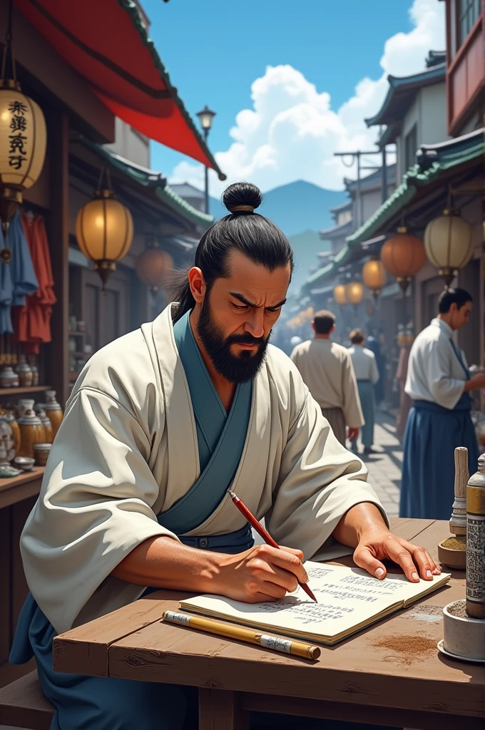 EDO era japanese merchant, he calculate it with brush. severe face.