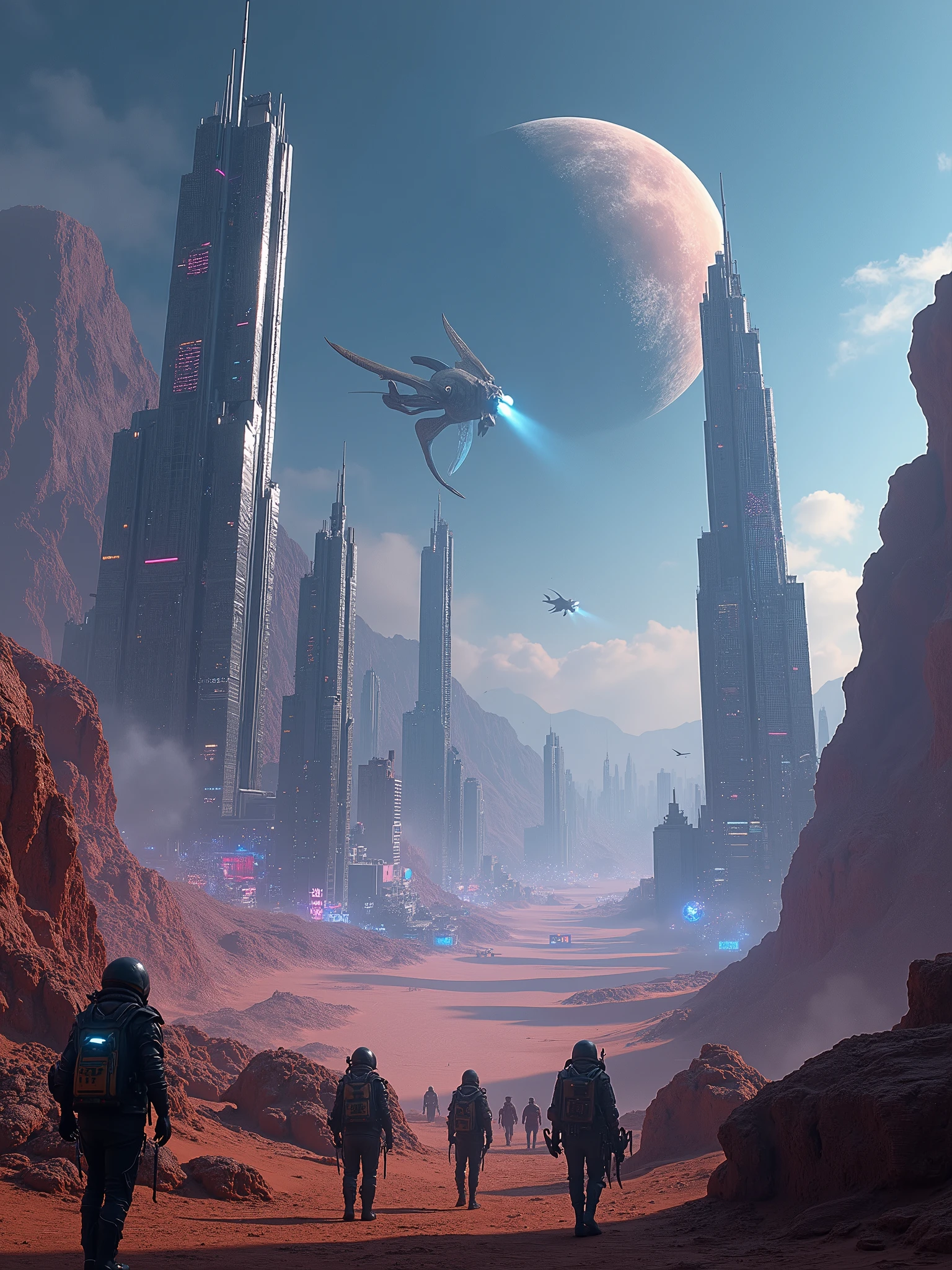 “Epic sci-fi landscape captured in stunning Super Panavision 70mm, a massive futuristic city with towering skyscrapers and flying vehicles, glowing neon lights reflecting off sleek metallic surfaces. In the foreground, bizarre alien creatures with bioluminescent skin walk alongside humanoid travelers in futuristic armor. A vast alien desert stretches into the distance, with colossal, insect-like creatures roaming the dunes. Massive planets and moons hover in the sky, casting an eerie glow. Starships soar above, battling in the upper atmosphere, while strange, flying beasts with luminous wings circle the skyline. Deep blues and purples of a distant galaxy, ultra-high detail, cinematic lighting, wide-angle lens, atmospheric haze.”